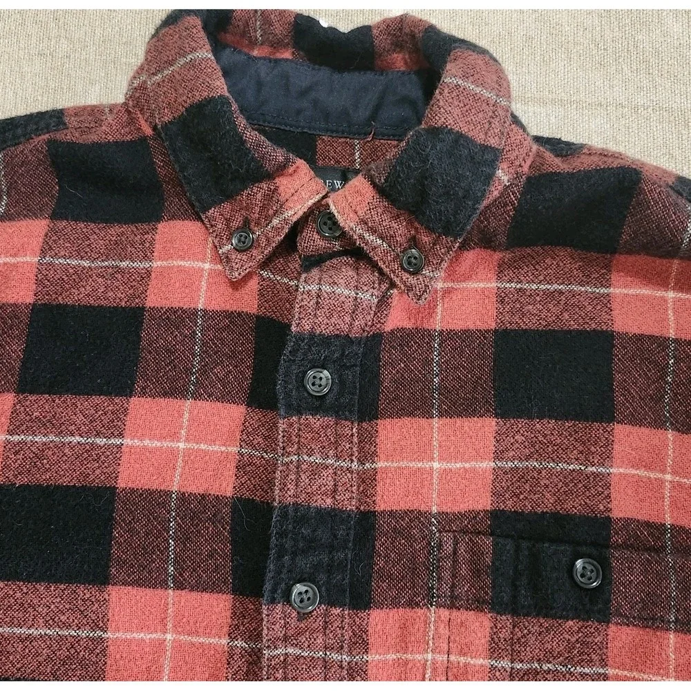 J.Crew Flannel Shirt Mens Small Red Plaid Wool Blend Elbow Patch Workwear